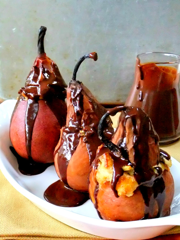 chocolate coated baked pears