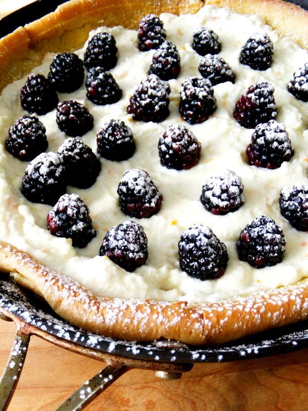 puff pancake with blackberry, mascarpone and ricotta cream