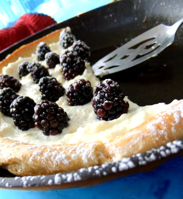 puff pancake with blackberry, mascarpone and ricotta cream