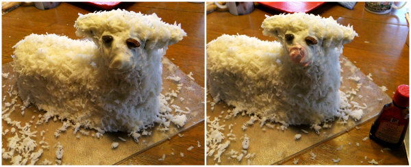 decorating an Easter lamb cake