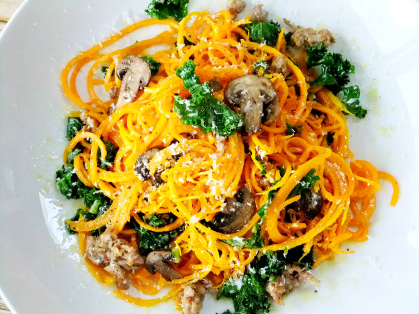 butternut squash "noodles" with sausage, mushroom and kale