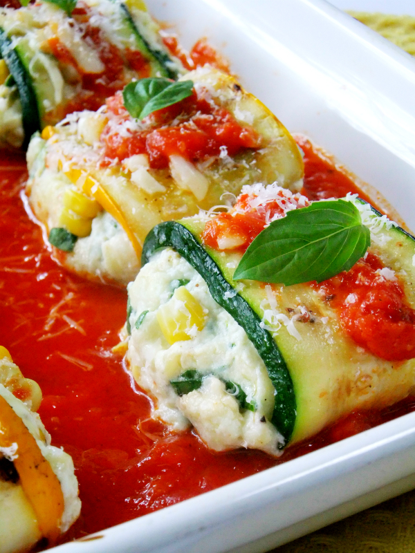 zucchini roll ups with ricotta and summer corn