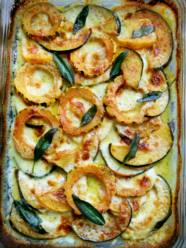 Butternut, Delicata, and Acorn Squash Gratin with Crispy Sage Proud