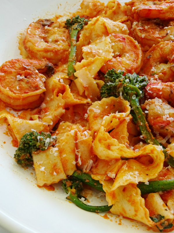 shrimp pasta and broccolini