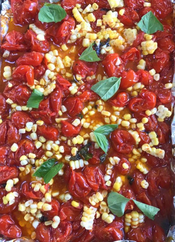 blistered tomatoes and corn