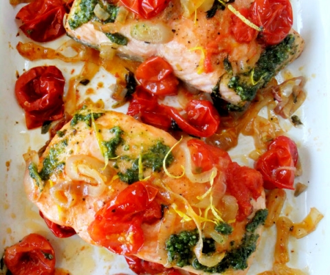 salmon with roasted tomatoes and shallots