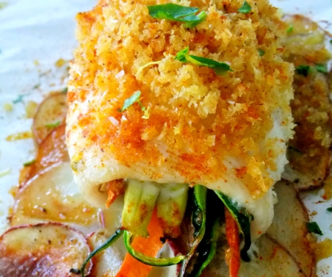 stuffed sole on potato shingles