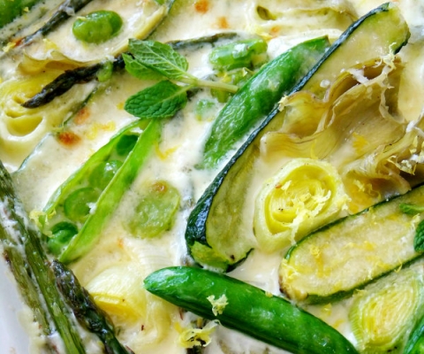 spring vegetables in parmesan cream