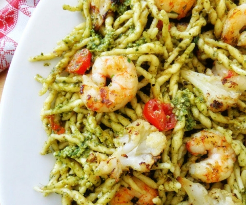 trofie pasta with pesto and shrimp