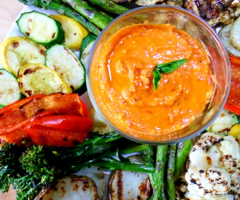 grilled veggie platter with red pepper feta dip