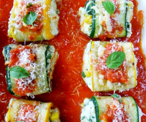zucchini roll ups with ricotta and summer corn